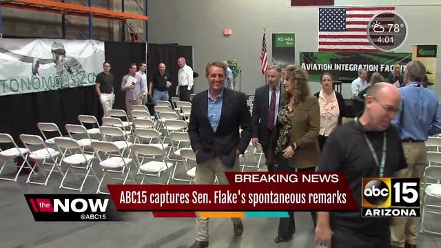 ABC15's microphone picked up a conversation between Senator Flake and Mesa's major Giles joking about President Trump