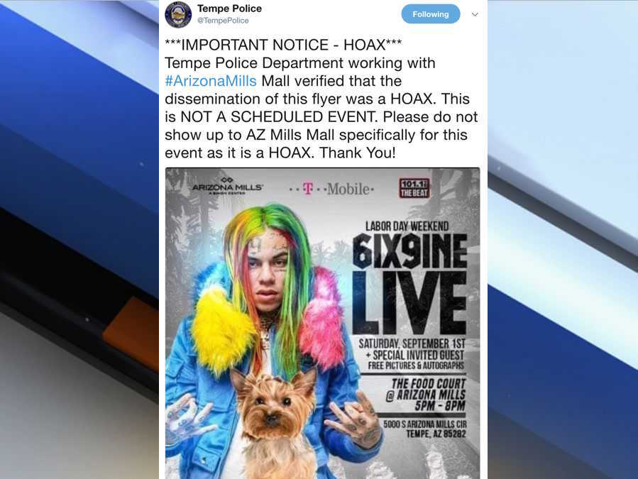 Tempe police: Flyer for 6ix9ine concert at Arizona Mills is a hoax ...
