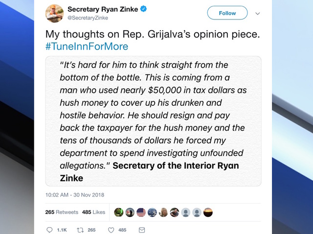Ryan Zinke blasts Arizona congressman Raul Grijalva who calls on him to resign